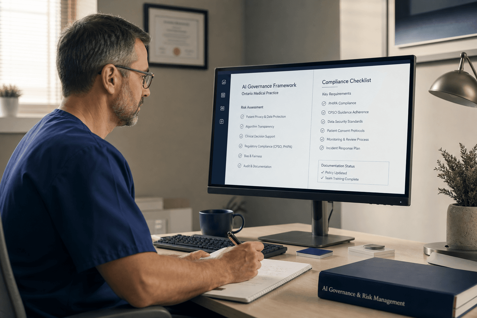 Ontario physician reviewing AI governance documents at a clinic desk