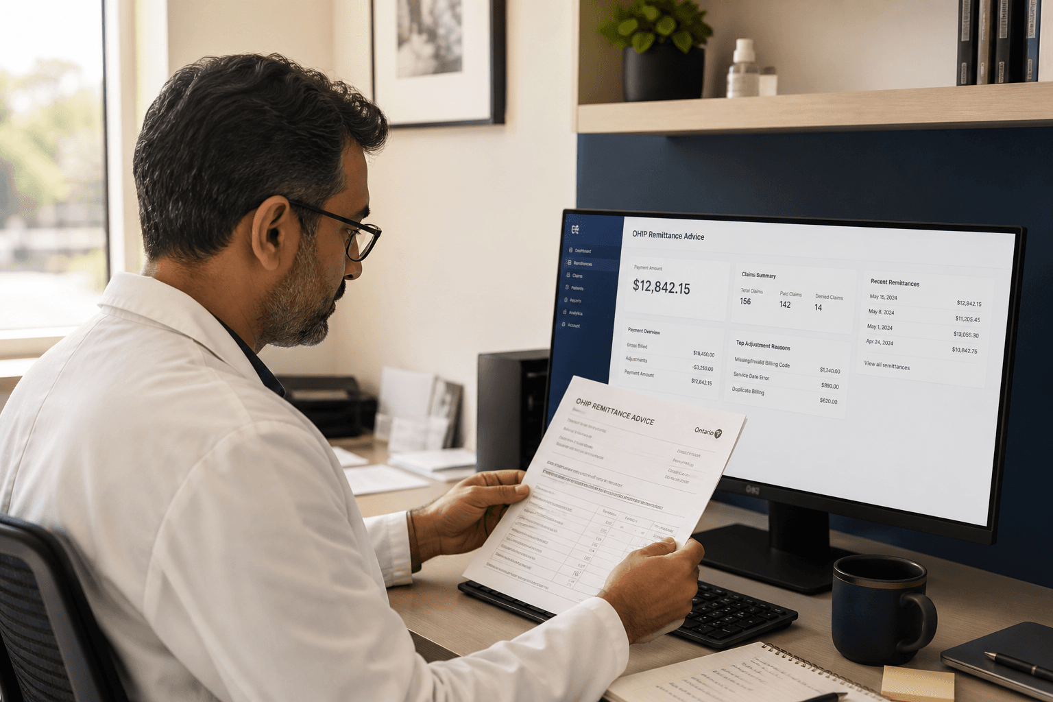 Ontario physician reviewing OHIP remittance advice on a laptop with annotation notes