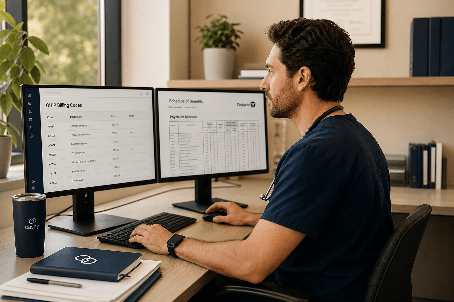 Ontario physician reviewing OHIP billing documents at a clinic desk