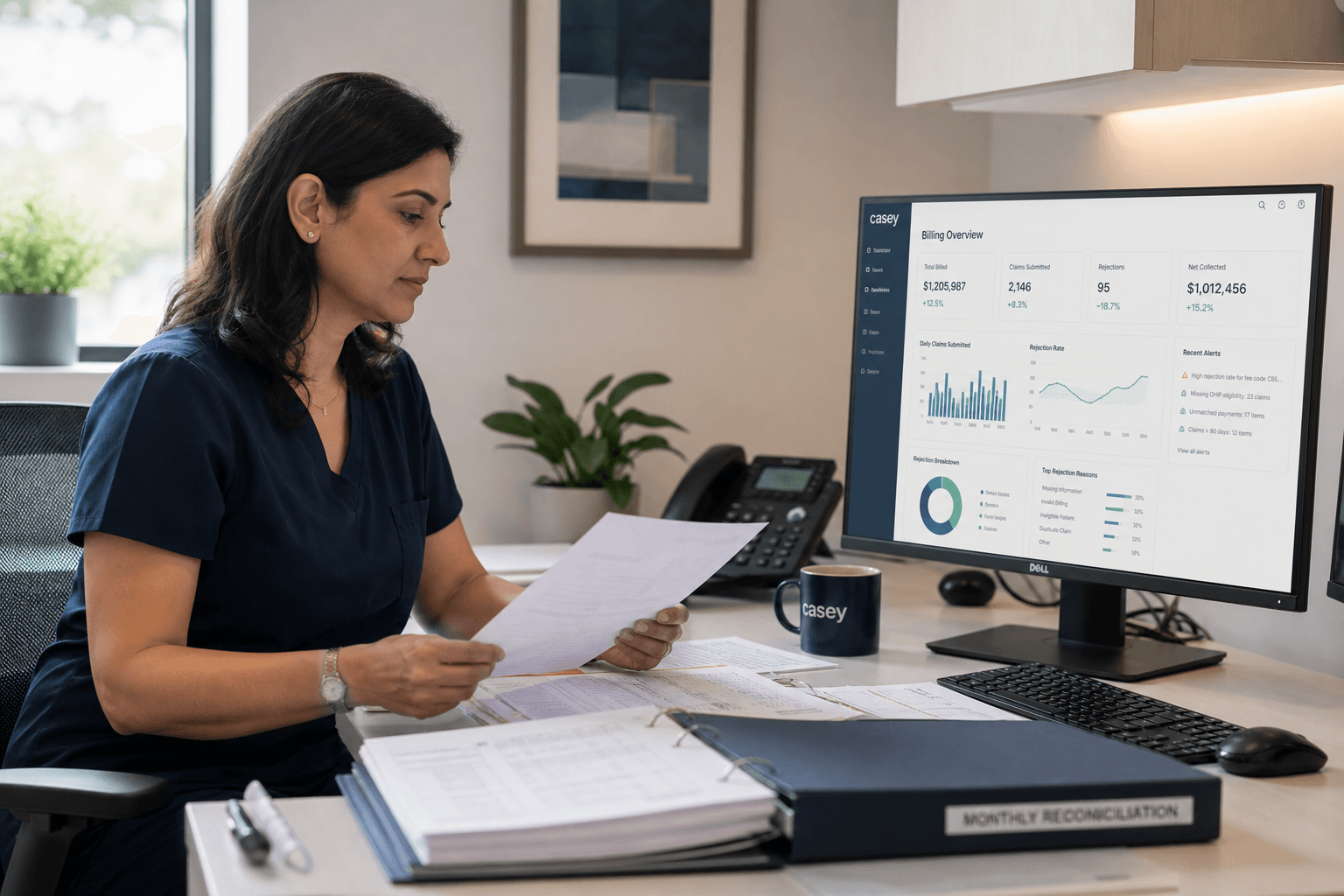 Ontario physician reviewing OHIP billing gap analysis data on a clinic computer